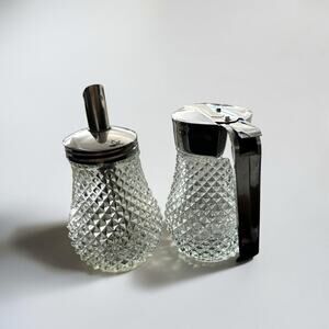 Vintage Diamond Point Pressed Glass Oil Vinegar Cruet Set Pair Chrome Lid MCM